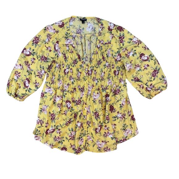 Torrid Floral Smocked Peplum Blouse Womens 0 (L) Yellow Boho Top 3/4 Sleeve - Picture 1 of 7